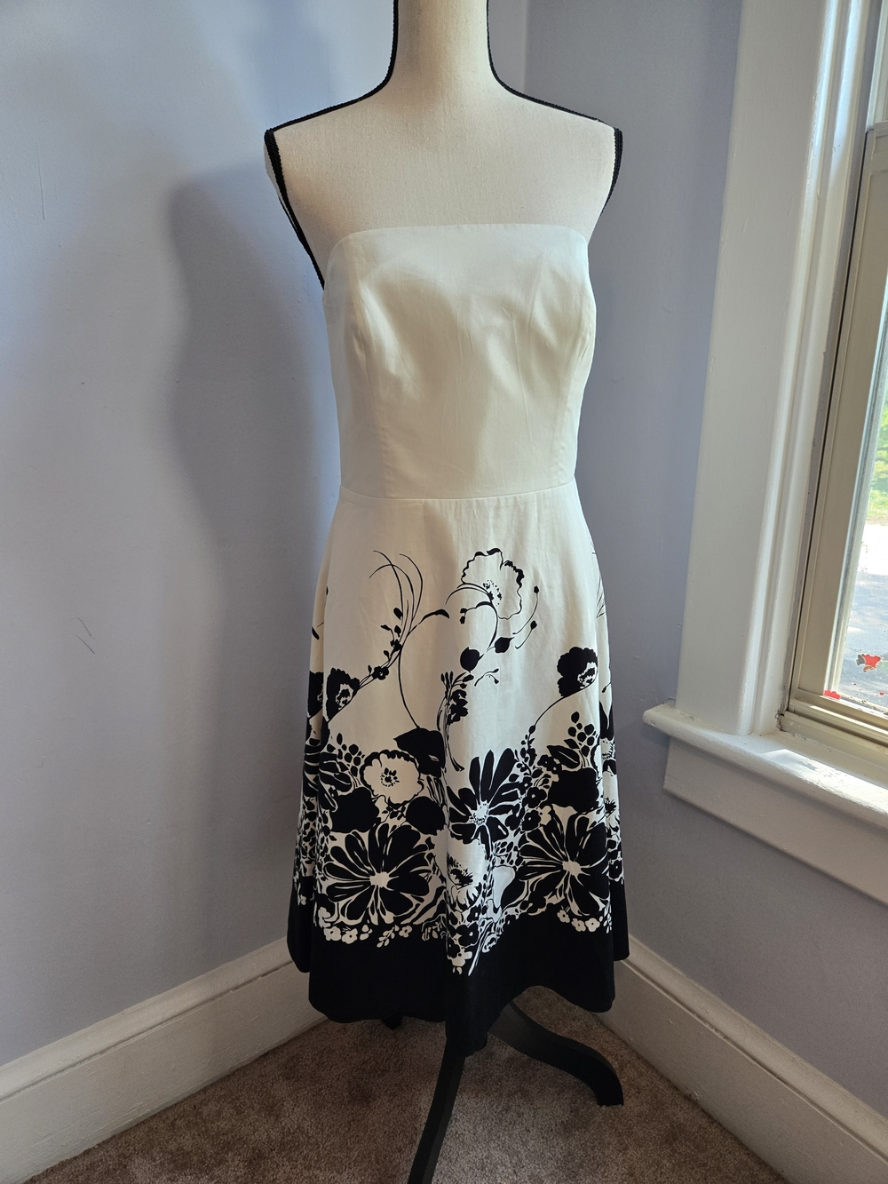 Ann Taylor Cream Strapless Black Floral A-Line Midi Dress Wedding Cocktail Chic